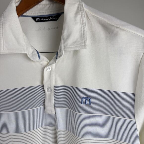 TravisMathew Men’s Polo Shirt Medium White Blue Stripe Performance Golf Top - Picture 2 of 7